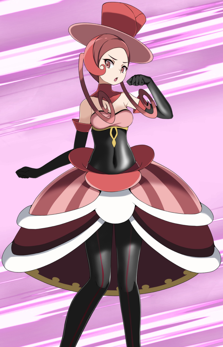 1girl, black_gloves, brown_hair, commentary_request, covering_navel, dana_(pokemon), elbow_gloves, gloves