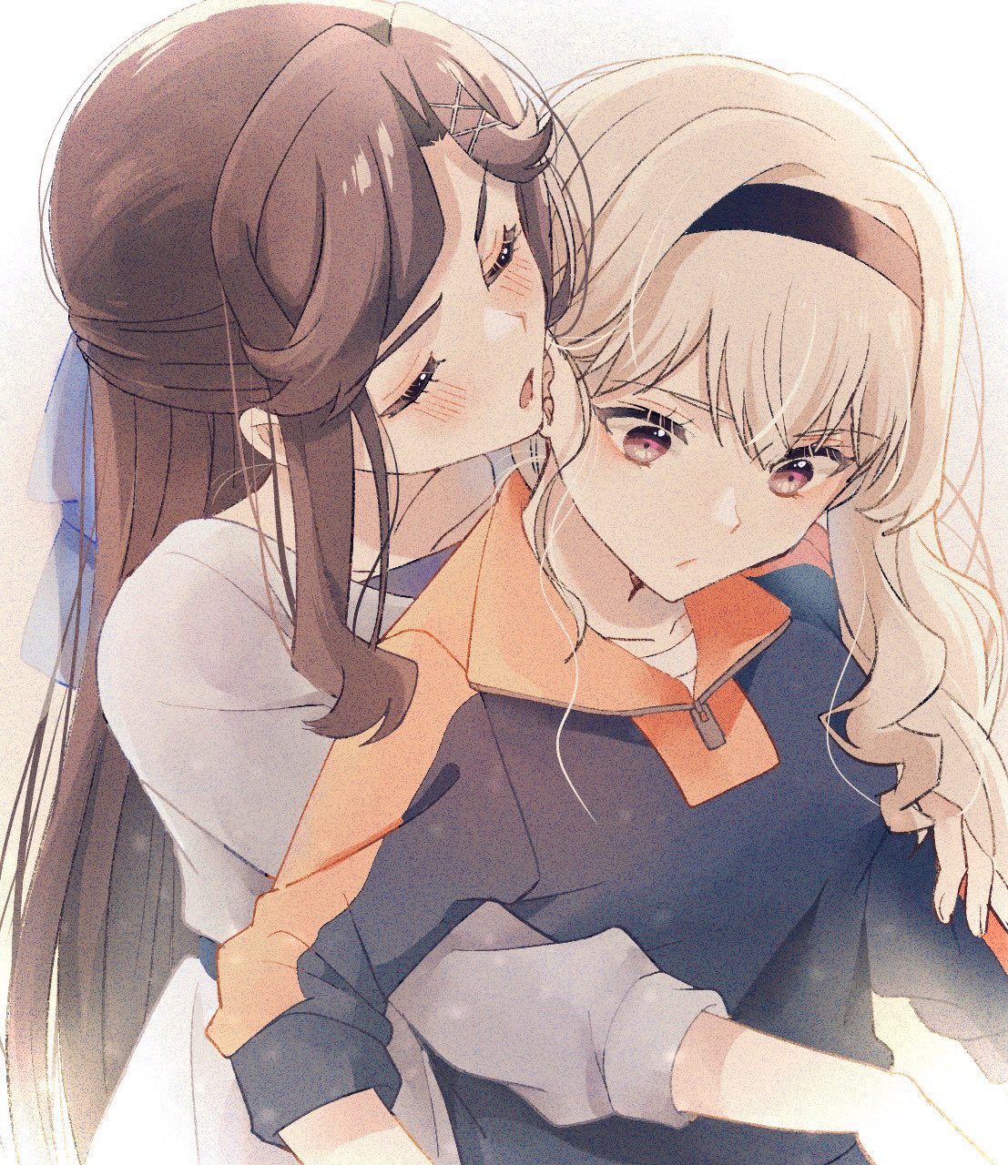2girls, arms_around_waist, black_hairband, blonde_hair, blowing_in_ear, blush, brown_eyes, brown_hair, closed_eyes, dress, dutch_angle, grey_dress, hairband, highres, hug, hug_from_behind, long_hair, multiple_girls, nijiko_(c2cs4q), pullover, saijou_claudine, shoujo_kageki_revue_starlight, tendou_maya, wavy_hair, yuri