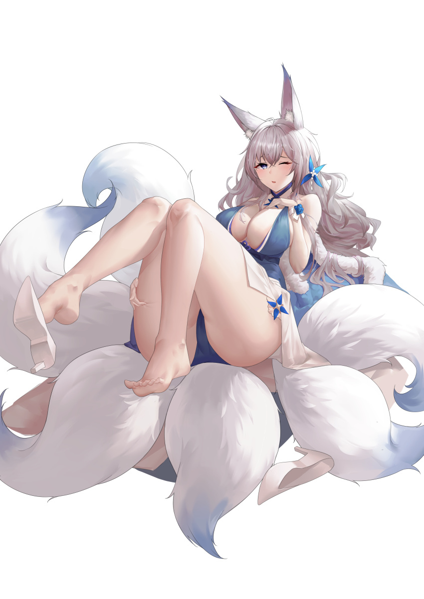 absurdres, animal_ear_fluff, animal_ears, azur_lane, bare_legs, barefoot, blue_collar, breasts, collar, dress, evening_gown, feather_boa, feet, fox_ears, fox_girl, halter_dress, halterneck, high_heels, highres, kitsune, kyuubi, large_breasts, large_tail, legs, long_hair, mouma, multiple_tails, one_eye_closed, shinano_(azur_lane), shinano_(light_of_the_hazy_moon)_(azur_lane), silver_hair, tail, toes, white_tail, wrist_flower