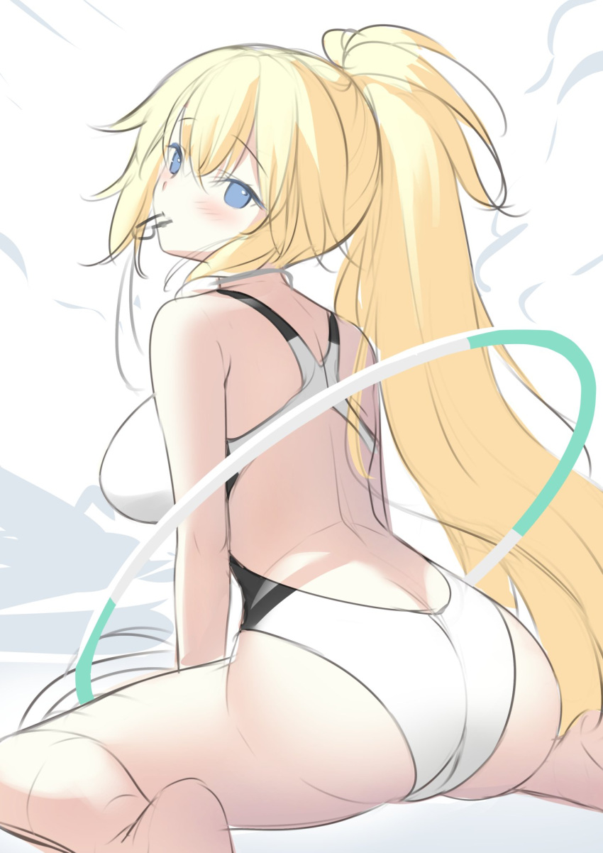 1girl, ass, bare_thighs, barefoot, blonde_hair, blue_eyes, competition_swimsuit, eyebrows
