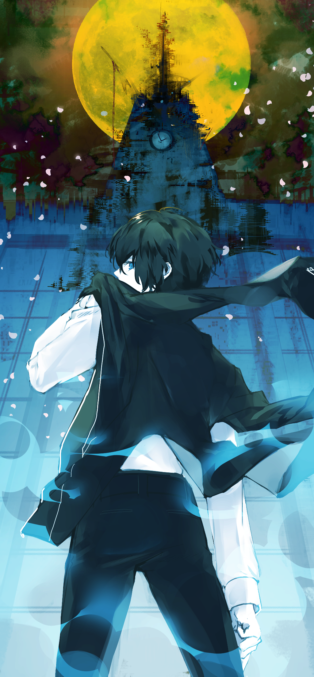 1boy, bangs, black_hair, black_jacket, black_pants, blue_eyes, from_behind, full_moon