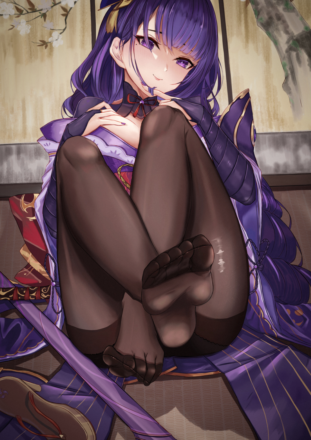 1girl, armor, autumn_boar, bangs, black_legwear, blush, braid, branch, bridal_gauntlets, closed_mouth, commentary_request, feet, flower, genshin_impact, hair_ornament, hair_twirling, highres, japanese_clothes, kimono, long_hair, long_sleeves, looking_at_viewer, mitsudomoe_(shape), mole, mole_under_eye, no_shoes, obi, obiage, pantyhose, polearm, purple_flower, purple_hair, purple_nails, raiden_shogun, ribbon, sash, shoulder_armor, sitting, slippers, smile, solo, steaming_body, tomoe_(symbol), violet_eyes, weapon, wide_sleeves