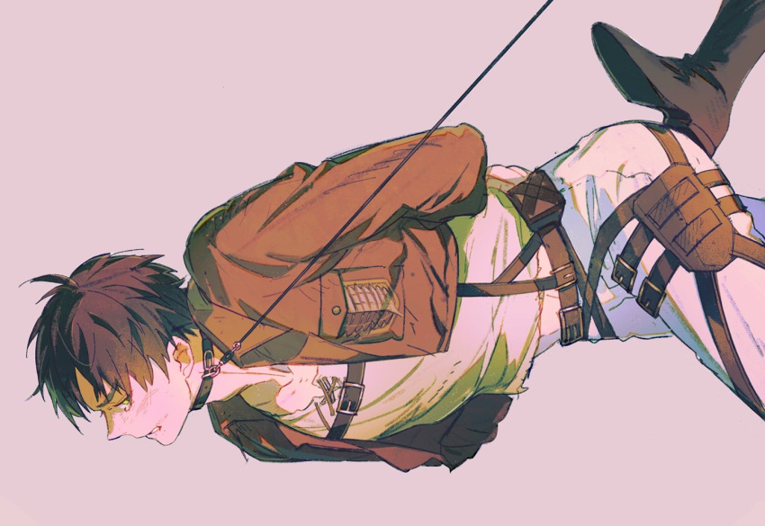 2boys, arms_behind_back, bangs, black_collar, black_footwear, black_hair, boots, bound