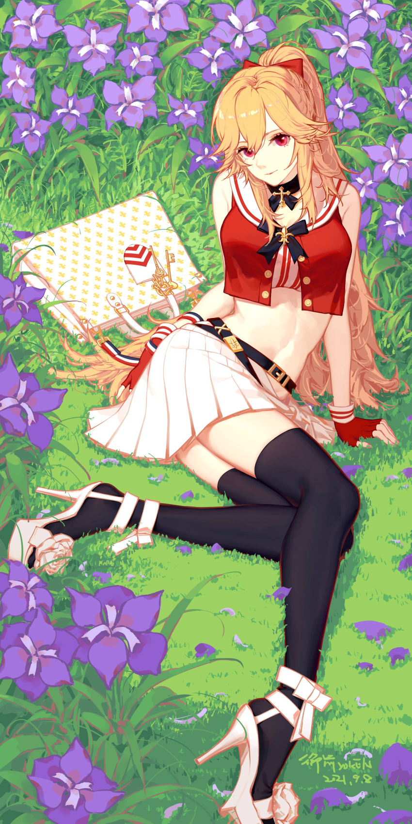 1girl, absurdres, azur_lane, bag, bare_arms, bare_shoulders, belt, black_choker