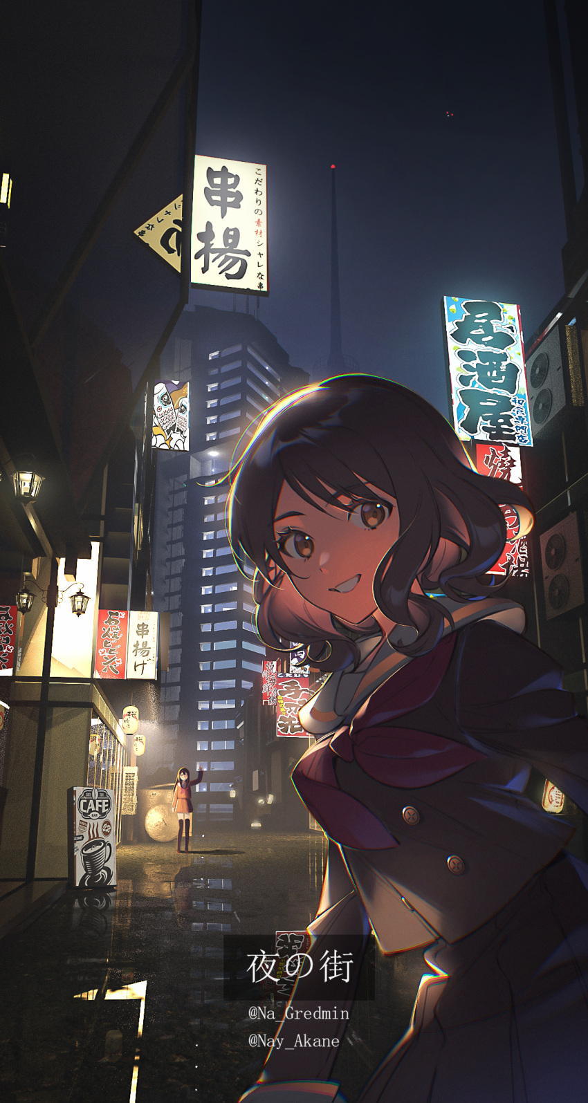 2girls, bangs, brown_eyes, brown_hair, brown_shirt, brown_skirt, building, hibike!_euphonium, highres, kitauji_high_school_uniform, kousaka_reina, long_sleeves, looking_at_viewer, looking_back, multiple_girls, na-gredmin, neckerchief, night, night_sky, oumae_kumiko, outdoors, parted_lips, pleated_skirt, red_neckwear, sailor_collar, school_uniform, serafuku, shirt, short_hair, sign, skirt, sky, smile, standing, white_sailor_collar