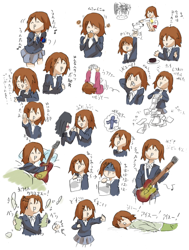 ^^, akiyama_mio, brown_hair, buki56, closed_eyes, commentary_request, eating, food