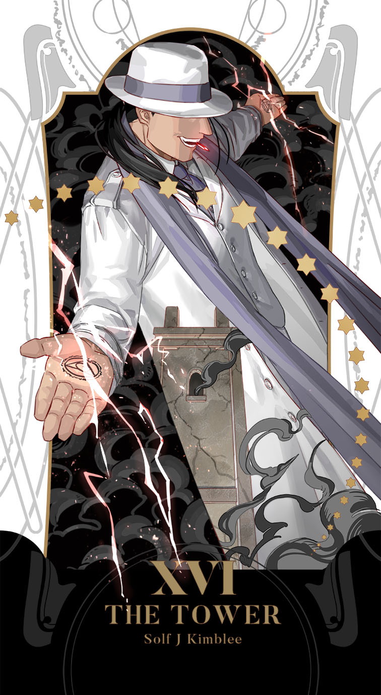 1boy, black_hair, card_(medium), character_name, clothes_lift, dust, electricity, energy, english_text, floating_hair, formal, fullmetal_alchemist, grin, hand_tattoo, hat, hat_over_eyes, highres, holy_pumpkin, in_mouth, long_hair, male_focus, outside_border, outstretched_arms, philosopher's_stone, ponytail, roman_numeral, scarf, smile, smoke, solf_j._kimblee, star_(symbol), suit, tarot, tattoo, teeth, the_tower_(tarot), tower, white_headwear, white_suit