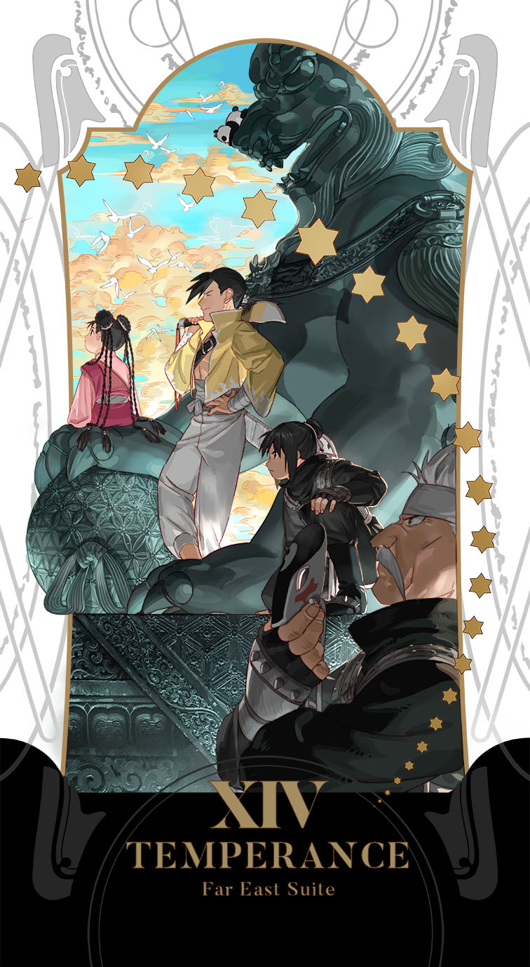 2boys, 2girls, bandaged_arm, bandages, black_hair, braid, chinese_clothes, closed_eyes, closed_mouth, dress, facial_hair, from_side, fu_(fma), fullmetal_alchemist, grey_hair, hand_on_hip, headband, highres, holding, holding_sword, holding_weapon, holy_pumpkin, jacket, lan_fan, ling_yao, may_chang, multiple_boys, multiple_girls, mustache, old, old_man, open_clothes, open_jacket, outdoors, over_shoulder, panda, pants, sanpaku, smile, star_(symbol), statue, sword, tarot, weapon, weapon_over_shoulder, white_pants, xiao-mei
