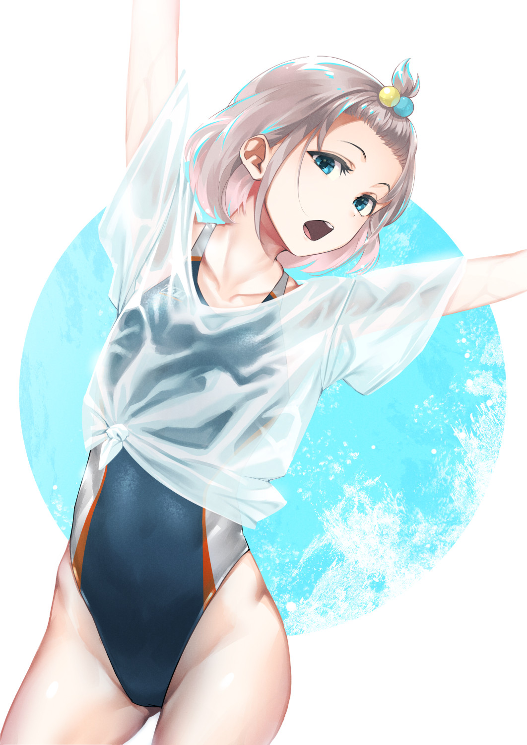 1girl, alternate_hairstyle, arms_up, bangs_pinned_back, blue_background, blue_eyes, blue_swimsuit, circle