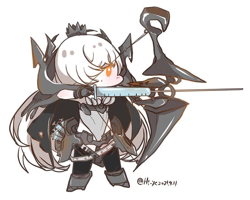 1girl, abyssal_ship, black_cape, bow_(weapon), cape, chibi, colored_skin, european_armored_aircraft_carrier_princess, glowing, glowing_eye, hair_over_one_eye, hi_ye, holding, holding_bow_(weapon), holding_weapon, kantai_collection, long_hair, orange_eyes, quiver, solo, standing, syringe, weapon, white_hair, white_skin