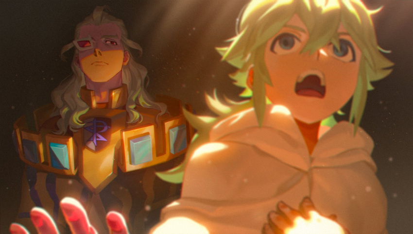 2boys, ahoge, bangs, blue_eyes, closed_mouth, commentary_request, eyepiece, father_and_son