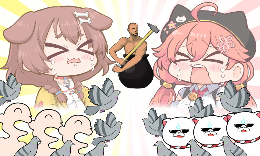 >_<, 1boy, 2girls, 35p_(sakura_miko), 6+others, ahoge, animal_collar, animal_ears