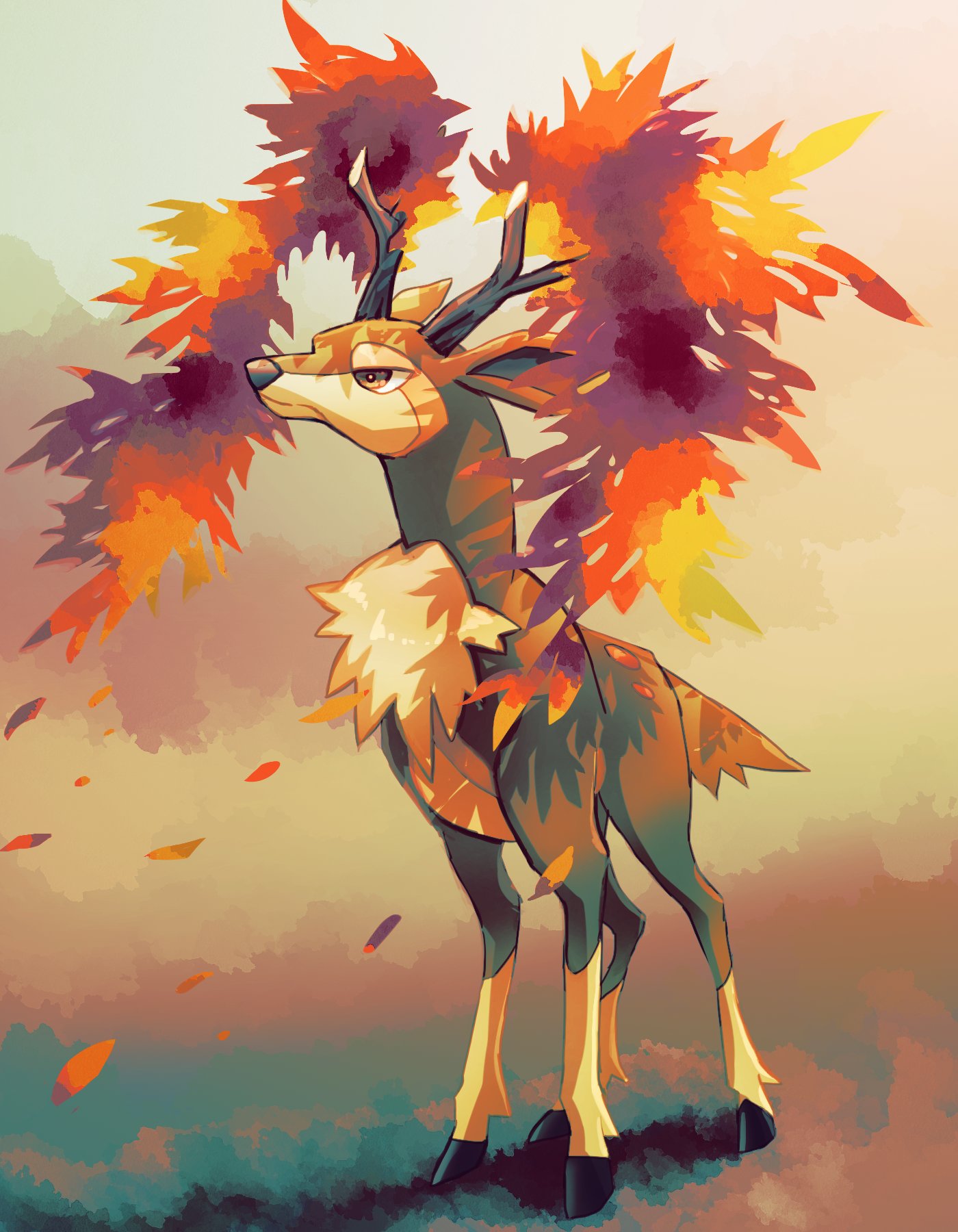 antlers, closed_mouth, commentary_request, deer, full_body, fusenryo, highres, leaves_in_wind, looking_up, no_humans, pokemon, pokemon_(creature), sawsbuck, sawsbuck_(autumn), solo, standing