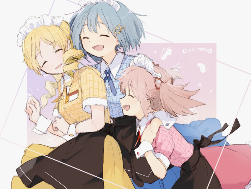 3girls, apron, black_apron, blue_shirt, blue_skirt, checkered, checkered_shirt, closed_eyes