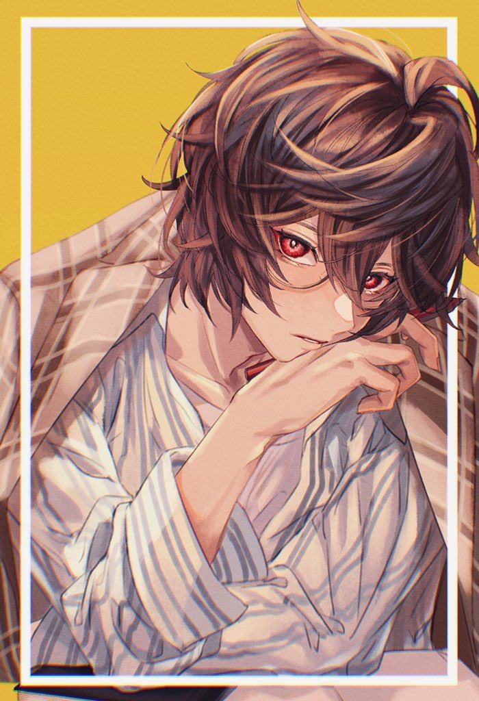 1boy, bangs, book, brown_hair, brown_jacket, closed_mouth, granblue_fantasy, hair_between_eyes, holding, holding_pen, jacket, jacket_on_shoulders, looking_at_viewer, male_focus, omotim000, open_book, pen, red_eyes, sandalphon_(granblue_fantasy), shirt, short_hair, solo, upper_body, white_shirt