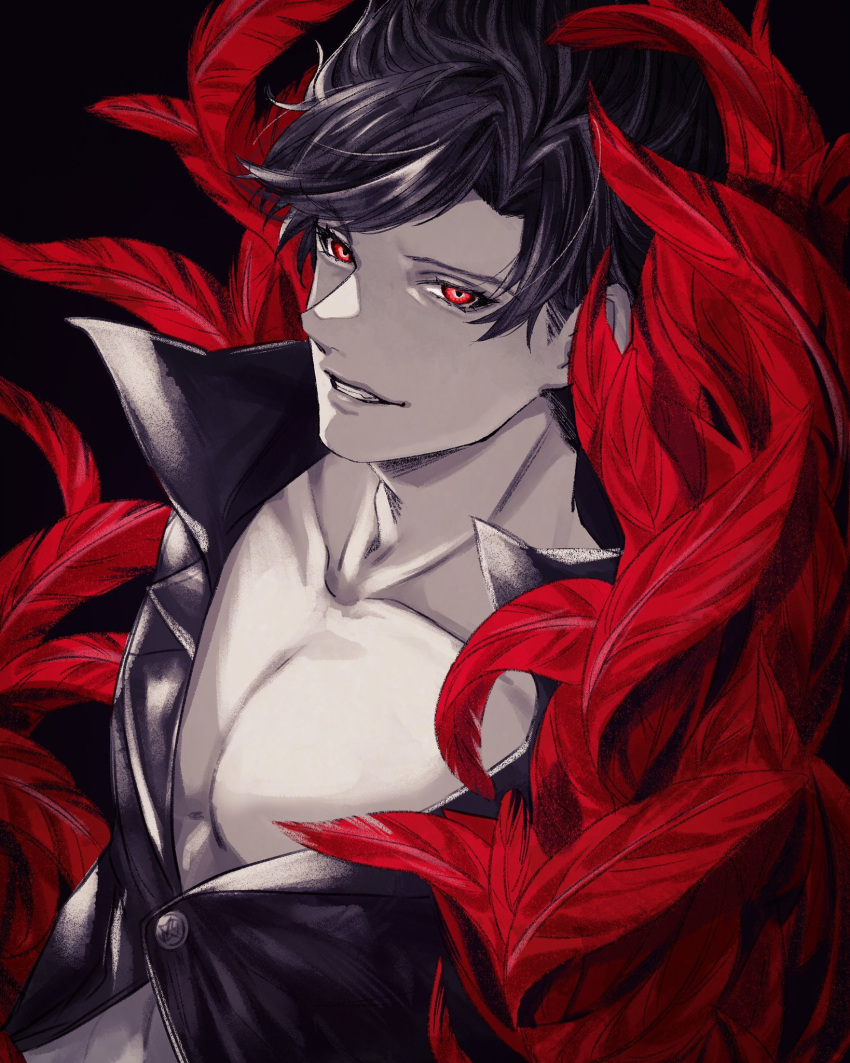 1boy, abs, bangs, belial_(granblue_fantasy), black_hair, black_shirt, feather_boa, granblue_fantasy