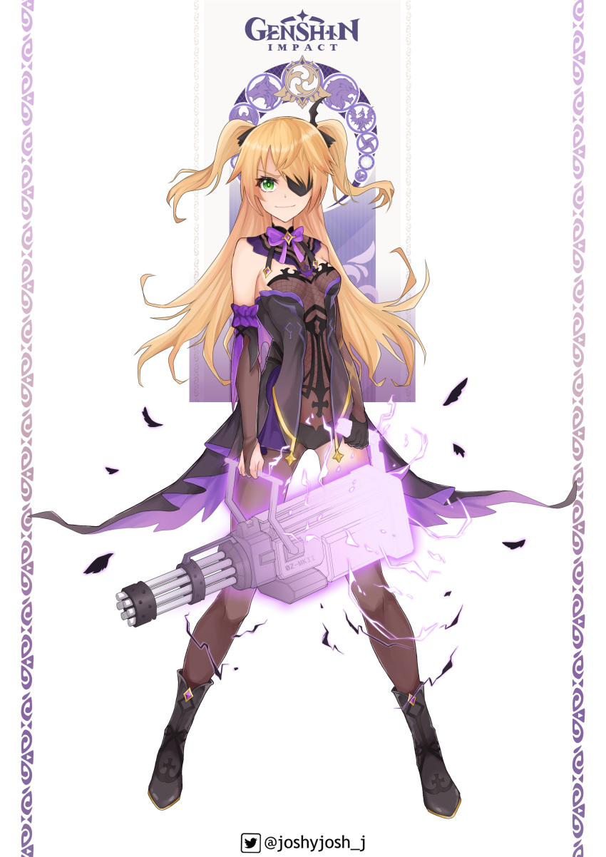 >:), 1girl, absurdres, asymmetrical_legwear, asymmetrical_sleeves, bangs, black_legwear, blonde_hair