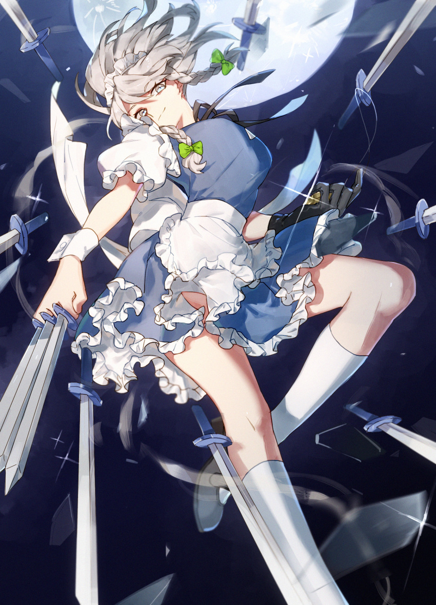 1girl, absurdres, aooni, apron, between_fingers, black_gloves, blue_dress, blush, braid, breasts, dress, gloves, grey_eyes, hair_ribbon, head_tilt, highres, holding, holding_knife, izayoi_sakuya, knife, knives_between_fingers, large_breasts, maid_apron, maid_headdress, mary_janes, pocket_watch, ribbon, shards, shine, shoes, short_hair, silver_hair, smile, solo, touhou, tress_ribbon, twin_braids, watch, white_legwear, wrist_cuffs