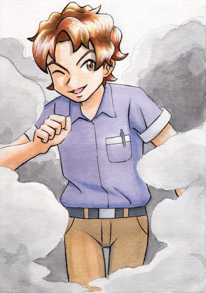 1boy, bangs, belt, belt_buckle, bill_(pokemon), breast_pocket, brown_eyes, brown_hair