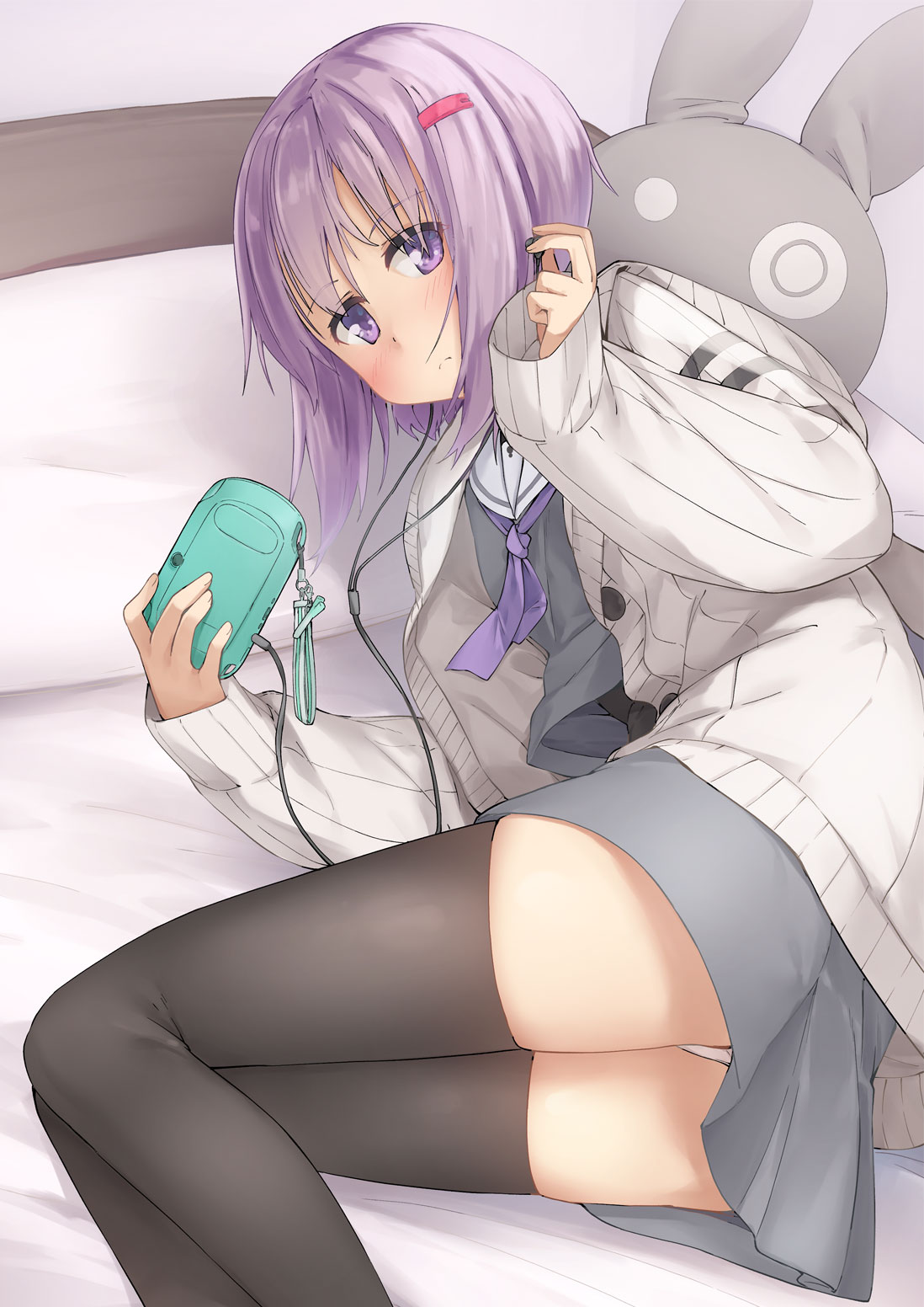 1girl, a.i._voice, ass, bangs, bed, black_legwear, black_shirt, blush, cardigan, closed_mouth, commentary_request, earphones, earphones, eyebrows_visible_through_hair, feet_out_of_frame, grey_shirt, grey_skirt, hair_ornament, hairclip, highres, holding, holding_phone, kanzen_bouon, looking_at_viewer, lying, on_bed, on_side, open_cardigan, open_clothes, panties, phone, pillow, pleated_skirt, purple_hair, purple_neckwear, sailor_collar, school_uniform, serafuku, shirt, skirt, solo, stuffed_animal, stuffed_bunny, stuffed_toy, thigh-highs, undershirt, underwear, violet_eyes, voiceroid, white_cardigan, white_panties, white_sailor_collar, yuzuki_yukari, yuzuki_yukari_(shizuku)