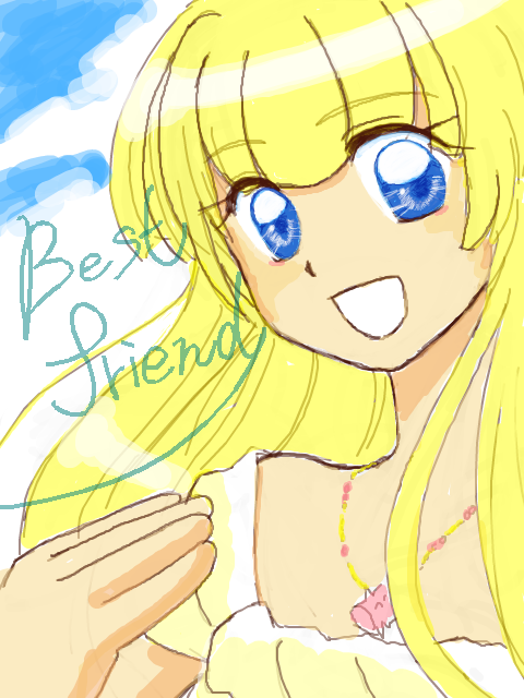 blonde_hair, blue_eyes, drawback, english, jewelry, long_hair, necklace, open_mouth, pocket_monsters_pipipi_adventures, pokemon, sandy_(pokemon), sky, solo