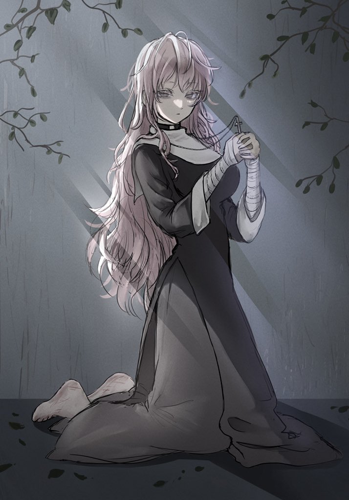 1girl, bandaged_arm, bandages, barefoot, black_choker, choker, commission, cross, cross_necklace, grey_eyes, holding, holding_cross, injury, jewelry, kneeling, leaf, light_rays, long_hair, looking_at_viewer, necklace, nun, original, parted_lips, pink-haired_nun_(skeb), pink_hair, skeb_commission, sketch, solo, yukine1103