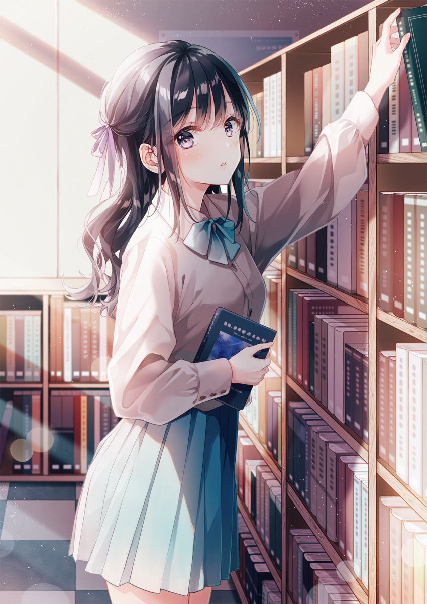 1girl, aoi_yuki, aqua_neckwear, aqua_skirt, arm_up, bangs, black_hair, book