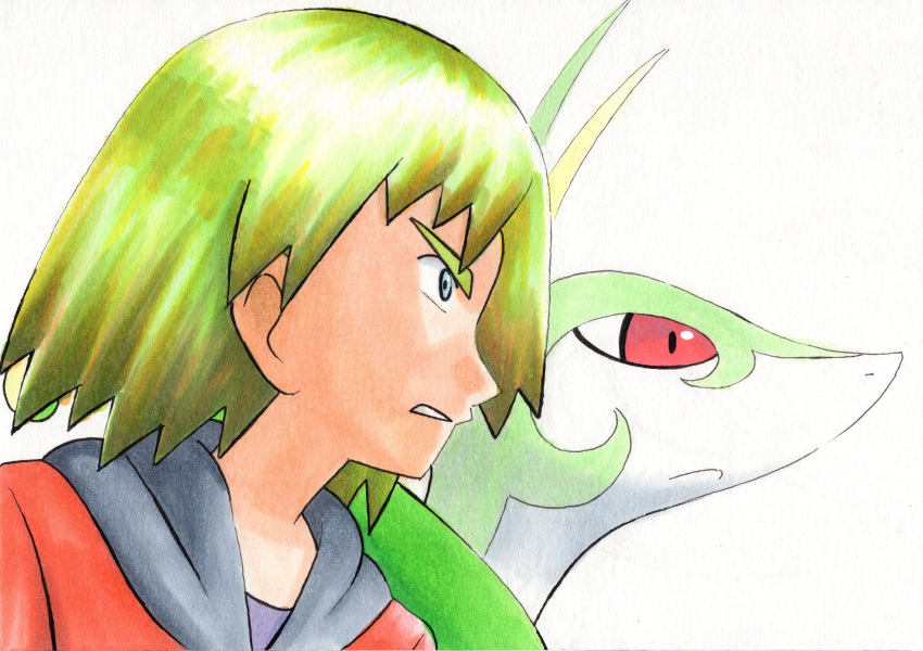 1boy, bangs, commentary_request, from_side, frown, green_hair, grey_eyes, highres
