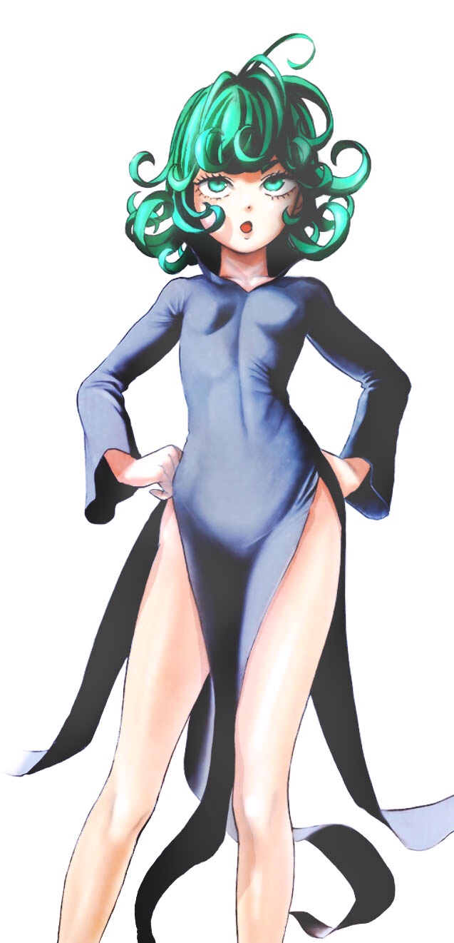 1girl, aqua_eyes, bangs, black_dress, breasts, curly_hair, dress, feet_out_of_frame, gorilla(1844~), green_hair, hands_on_hips, highres, long_sleeves, one-punch_man, open_mouth, shadow, side_slit, simple_background, skin_tight, small_breasts, solo, tatsumaki, white_background