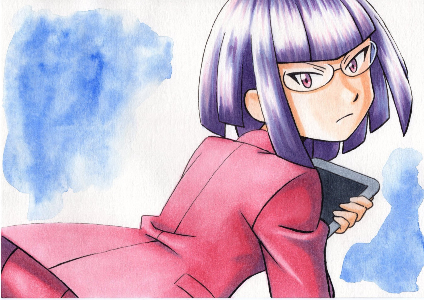 1girl, bangs, blue_background, blunt_bangs, closed_mouth, commentary_request, frown, glasses