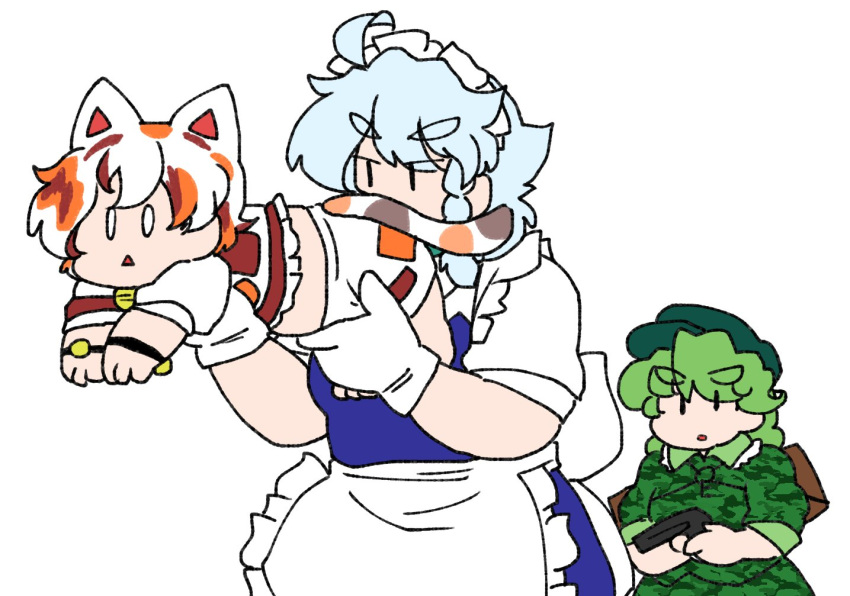 3girls, ahoge, animal_ears, apron, bag, bangs, bell, blue_dress, braid, camouflage, camouflage_jacket, camouflage_skirt, cat_ears, cat_tail, dress, eyebrows_visible_through_hair, gloves, goutokuji_mike, green_hair, green_headwear, gun, izayoi_sakuya, jacket, jingle_bell, light_blue_hair, maid_apron, maid_headdress, multicolored_hair, multiple_girls, parody, skirt, solid_oval_eyes, streaked_hair, tail, touhou, triangle_mouth, twin_braids, weapon, white_gloves, yamashiro_takane, yanagitaaaan