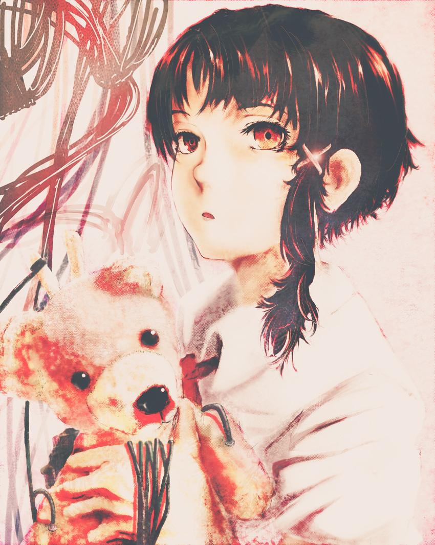 1girl, asymmetrical_hair, bangs, brown_hair, collared_shirt, gorilla(1844~), hair_ornament, hairclip, highres, holding, holding_stuffed_toy, iwakura_lain, long_sleeves, parted_lips, red_eyes, red_neckwear, serial_experiments_lain, shirt, short_hair, solo, stuffed_animal, stuffed_toy, teddy_bear, upper_body, white_shirt