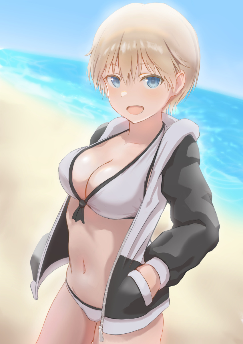 1girl, :d, beach, blonde_hair, blue_eyes, brave_witches, breasts, commentary_request, hands_in_pockets, highres, jacket, jacket_over_swimsuit, large_breasts, looking_at_viewer, lowlegist, navel, nikka_edvardine_katajainen, open_mouth, smile, solo, swimsuit, white_swimsuit, world_witches_series