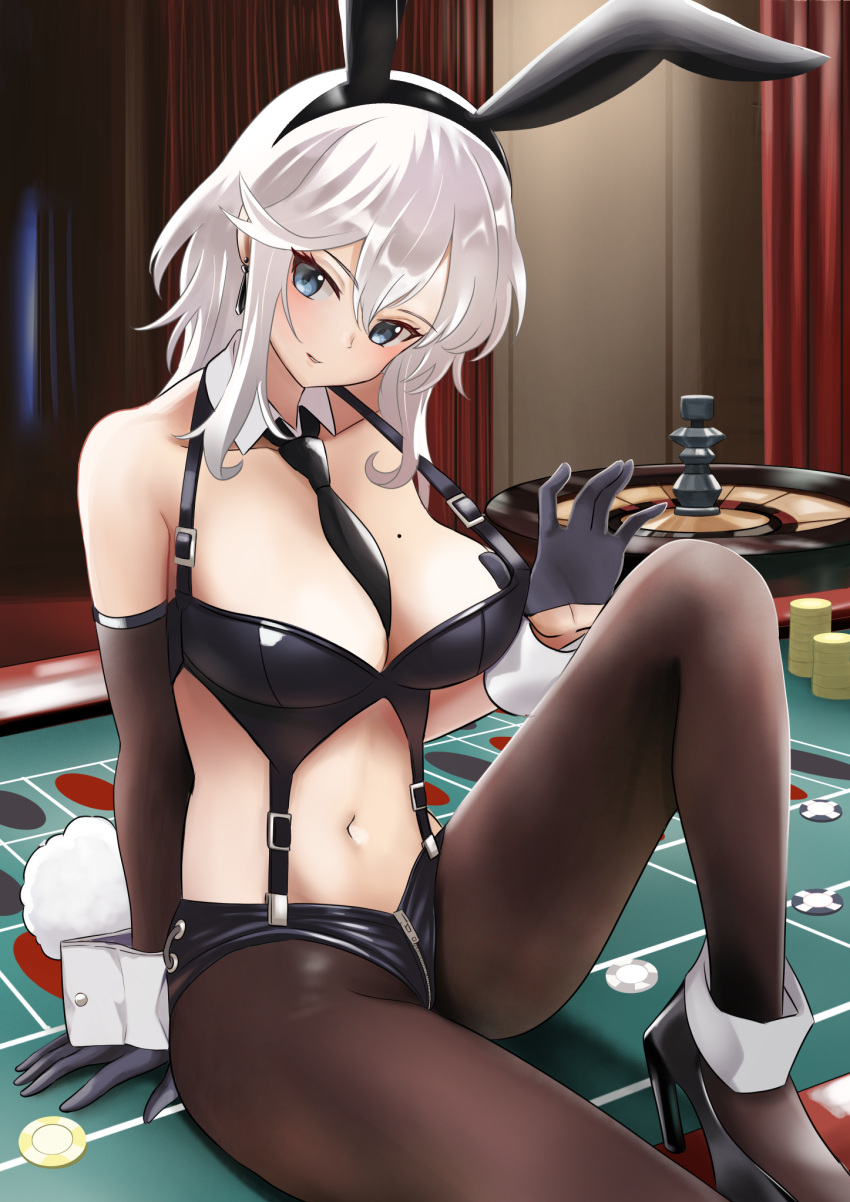 1girl, animal_ears, azur_lane, bare_shoulders, between_breasts, black_bra, black_headband, black_legwear
