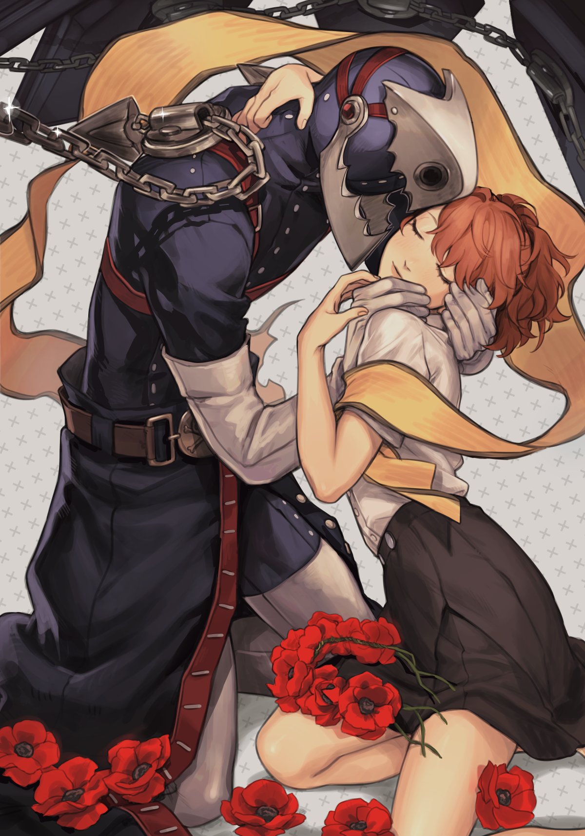 1girl, bangs, belt, black_skirt, brown_hair, chain, closed_eyes, closed_mouth