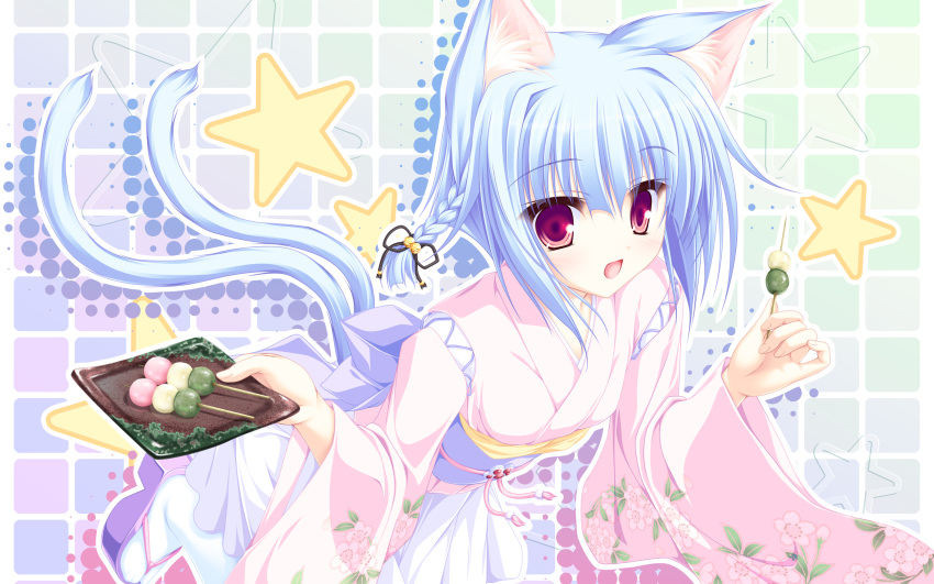 bell, blue_hair, blush, braid, cat_ears, cat_tail, clog_sandals, dango