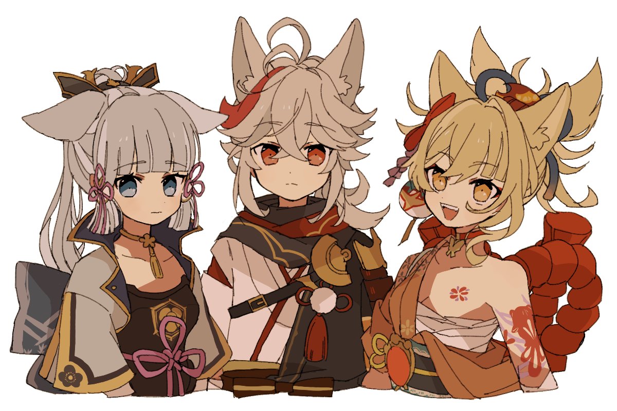 1boy, 2girls, animal_ears, antenna_hair, armor, bangs, blonde_hair, blue_eyes