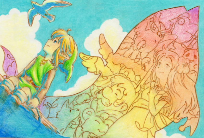 1boy, artist_name, belt, bird, blonde_hair, blue_eyes, blue_sky, boots