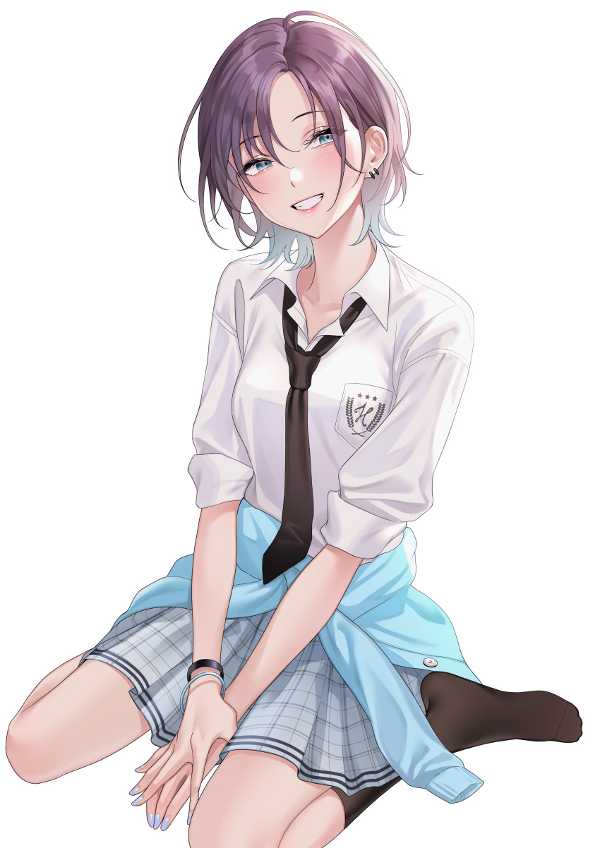1girl, absurdres, asakura_tooru, bangs, black_legwear, black_neckwear, blue_eyes, blush, bracelet, breast_pocket, breasts, clothes_around_waist, collared_shirt, commentary_request, ear_piercing, highres, idolmaster, idolmaster_shiny_colors, jewelry, kyuma_(hisa_hisa_ma), lips, looking_at_viewer, necktie, parted_bangs, piercing, plaid, plaid_skirt, pocket, purple_hair, shirt, short_hair, simple_background, sitting, skirt, sleeves_rolled_up, small_breasts, smile, solo, teeth, wariza, white_background, white_shirt