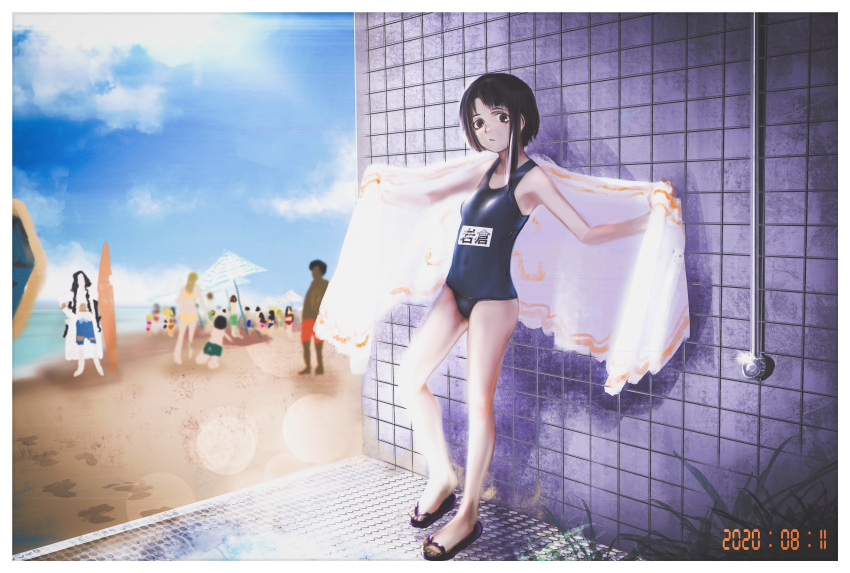 1girl, absurdres, asymmetrical_hair, bare_legs, black_swimsuit, blue_sky, brown_hair, character_name