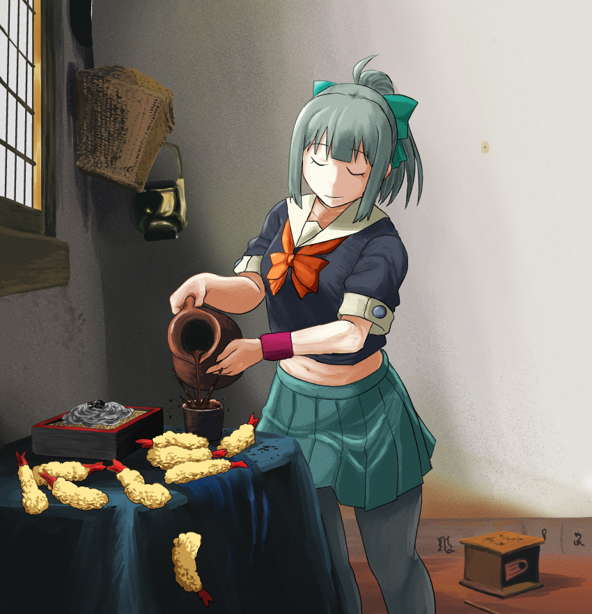 1girl, absurdres, bangs, black_legwear, bow, closed_eyes, cup, eyebrows_visible_through_hair