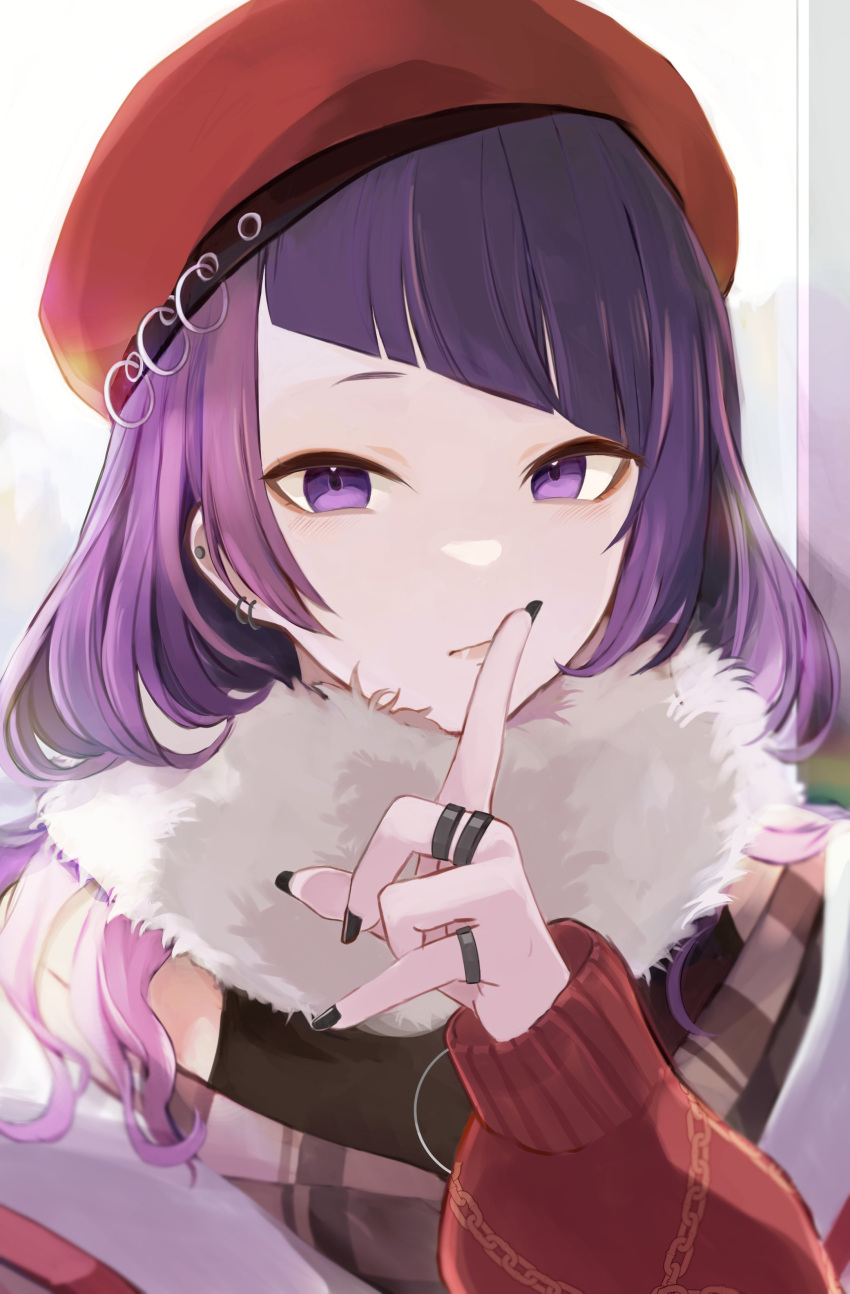 absurdres, bangs, bigomaru, close-up, ear_piercing, finger_to_mouth, fur_collar, hat, highres, idolmaster, idolmaster_shiny_colors, jewelry, piercing, purple_hair, ring, scarf, sweater, tanaka_mamimi, violet_eyes