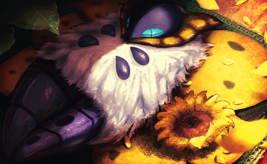 alternate_color, blue_eyes, bug, commentary_request, ewokakukaede, flower, highres, leaf