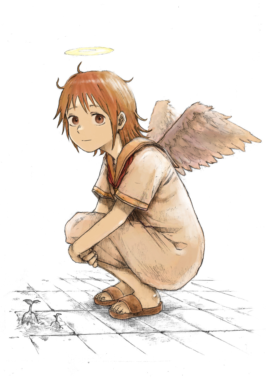 1girl, absurdres, angel_wings, bangs, brown_eyes, brown_footwear, brown_hair, feathered_wings