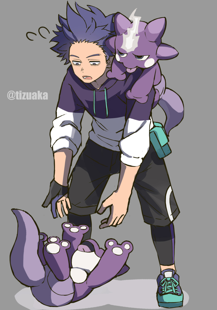 1boy, black_shorts, boku_no_hero_academia, commentary_request, crossover, flying_sweatdrops, gloves, green_bag