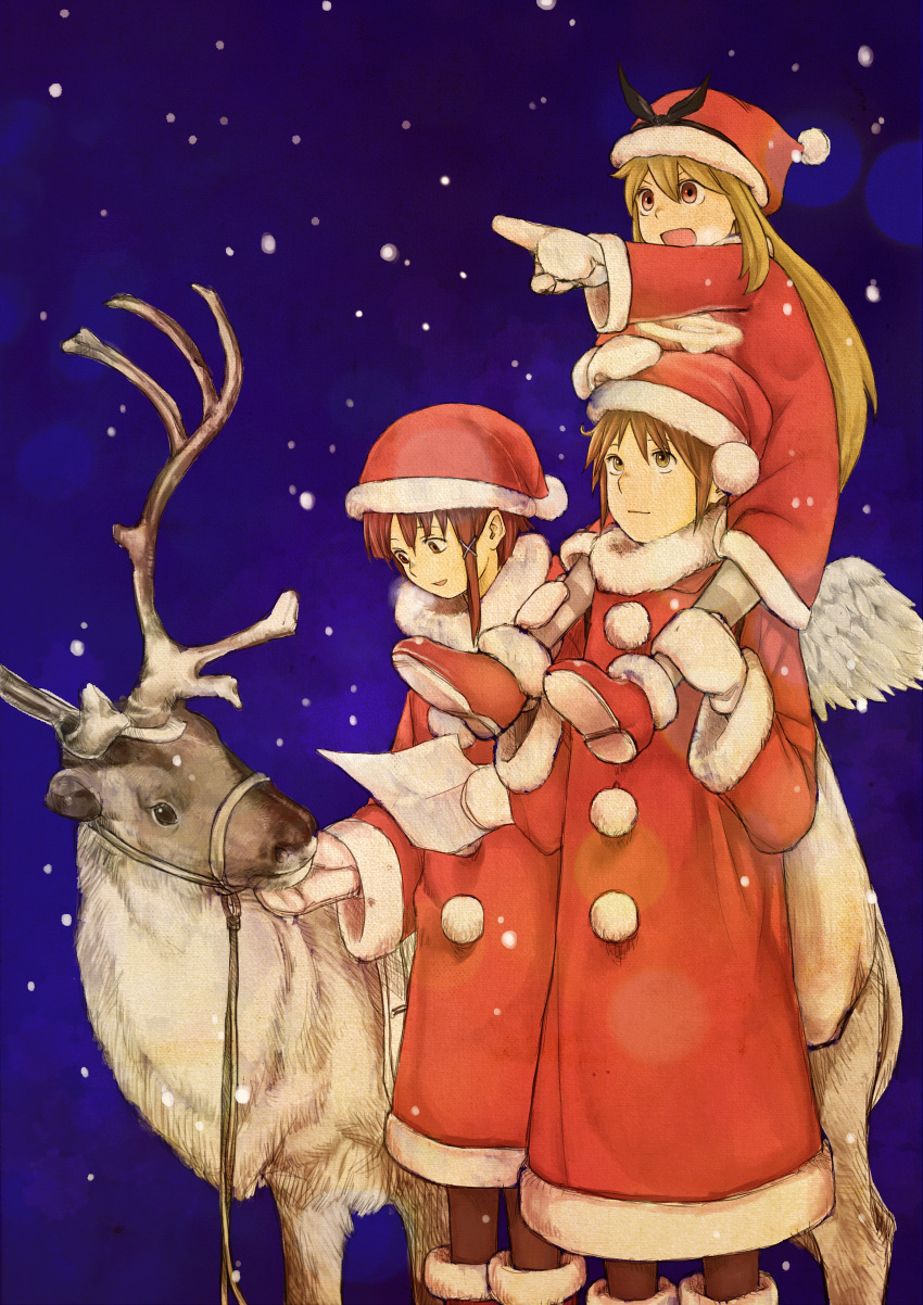 3girls, absurdres, antlers, asymmetrical_hair, blonde_hair, brown_hair, carrying, creator_connection