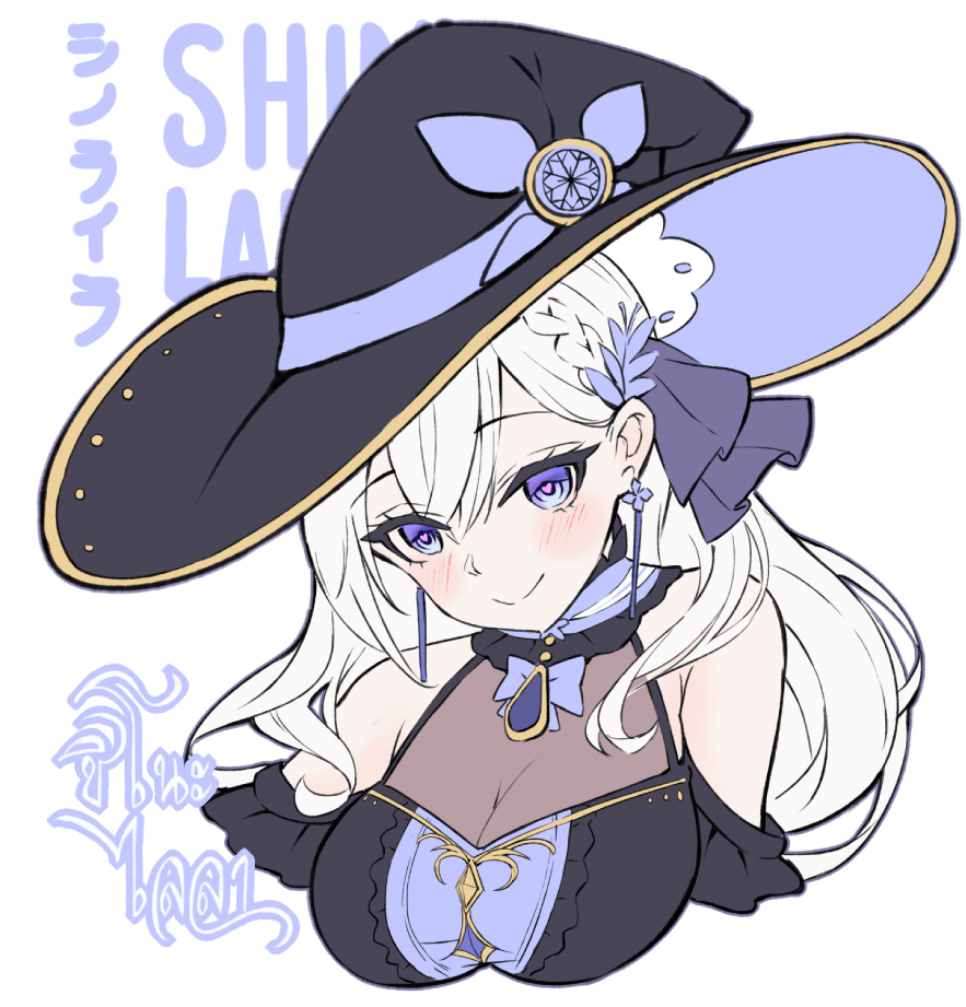 1girl, bare_shoulders, braid, breasts, brush, detached_sleeves, dress, earrings, eyebrows_visible_through_hair, hair_ornament, hat, heart, heart-shaped_pupils, hm_(hmongt), jewelry, large_breasts, long_hair, looking_at_viewer, purple_dress, shino_laila, silver_hair, smile, solo, symbol-shaped_pupils, very_long_hair, violet_eyes, virtual_youtuber, wactor_production, white_background, witch, witch_hat