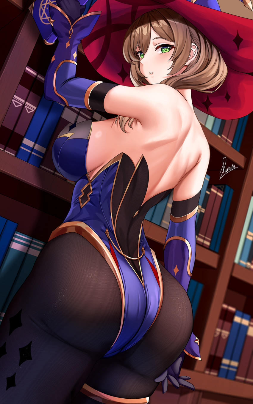 1girl, ass, back, bangs, black_gloves, blue_headwear, blue_leotard, blush
