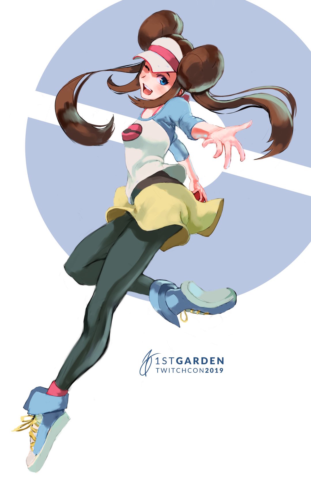 1girl, 1stgarden, ;d, artist_name, black_legwear, blue_eyes, brown_hair, commentary