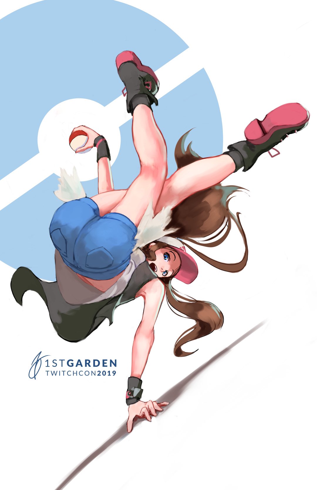 1girl, 1stgarden, artist_name, baseball_cap, black_vest, black_wristband, blue_eyes, boots, brown_hair, commentary, denim, denim_shorts, english_commentary, floating_hair, full_body, handstand, hat, highres, hilda_(pokemon), holding, holding_poke_ball, long_hair, looking_at_viewer, open_mouth, poke_ball, poke_ball_(basic), poke_ball_symbol, pokemon, pokemon_(game), pokemon_bw, shirt, short_shorts, shorts, sleeveless, sleeveless_shirt, smile, solo, upper_teeth, vest, white_shirt, wristband